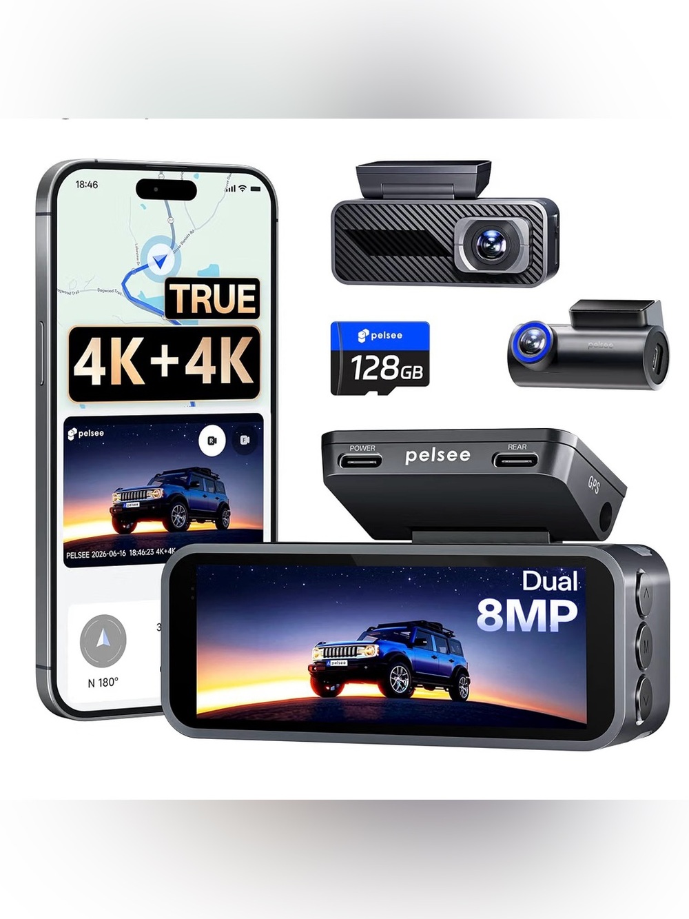 4K + 4K Dash Cam Front and Rear, 128GB Card Included-8MP Dual HDR Dash Camera